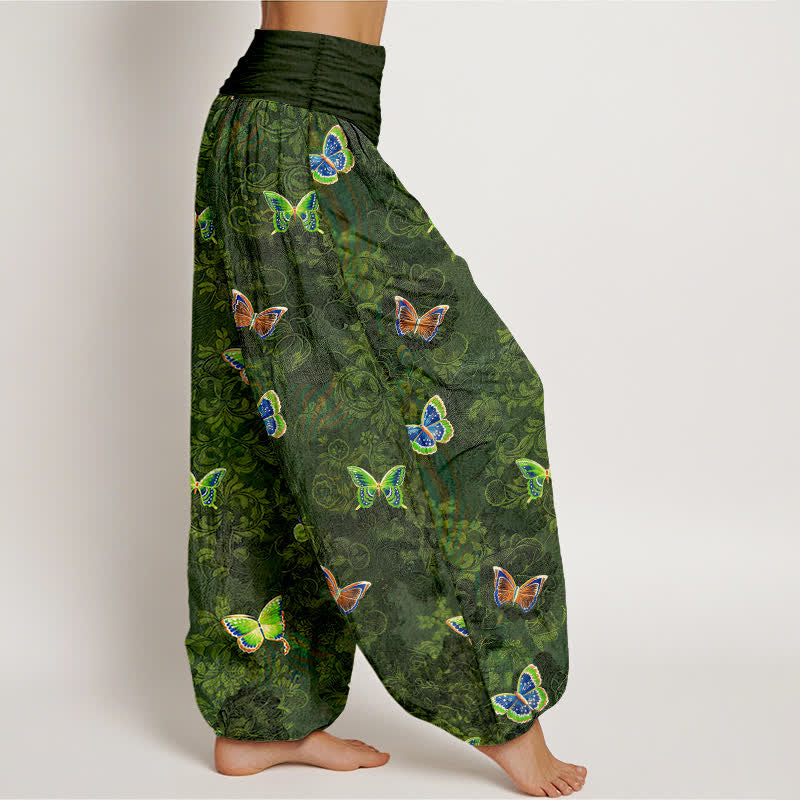 Buddha Stones Pantalones harem de algodón puro con estampado de mariposas y enredaderas para mujer, con cintura elástica. - image 2