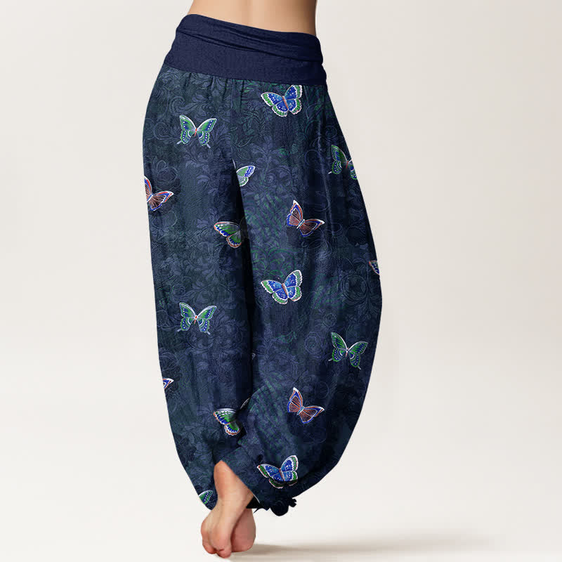 Buddha Stones Pantalones harem de algodón puro con estampado de mariposas y enredaderas para mujer, con cintura elástica. - image 6