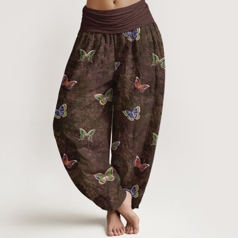 Buddha Stones Pantalones harem de algodón puro con estampado de mariposas y enredaderas para mujer, con cintura elástica. - Marrón silla de montar - US16，UK/AU20，EU48 (3XL) - image 8