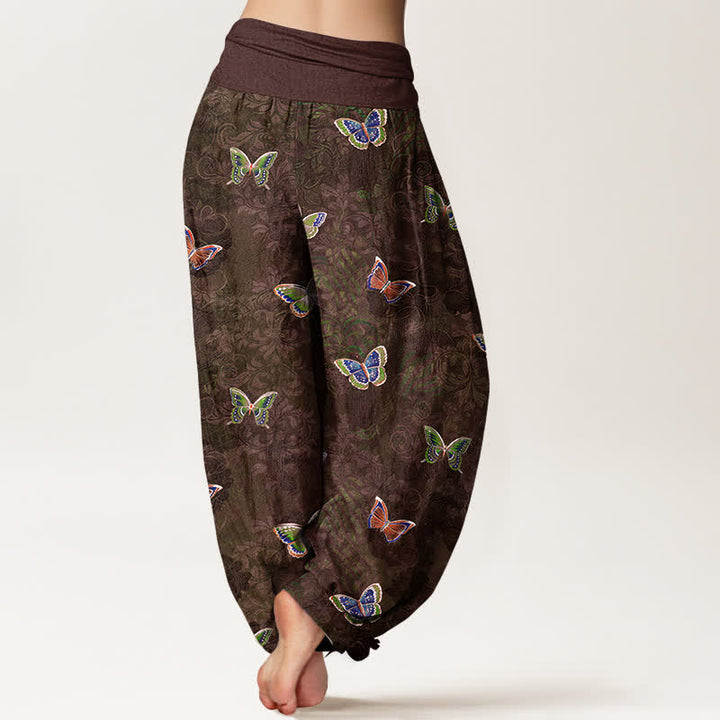 Buddha Stones Pantalones harem de algodón puro con estampado de mariposas y enredaderas para mujer, con cintura elástica. - image 9