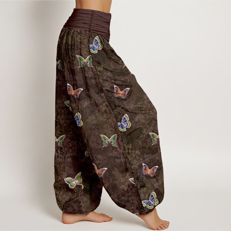 Buddha Stones Pantalones harem de algodón puro con estampado de mariposas y enredaderas para mujer, con cintura elástica. - image 10