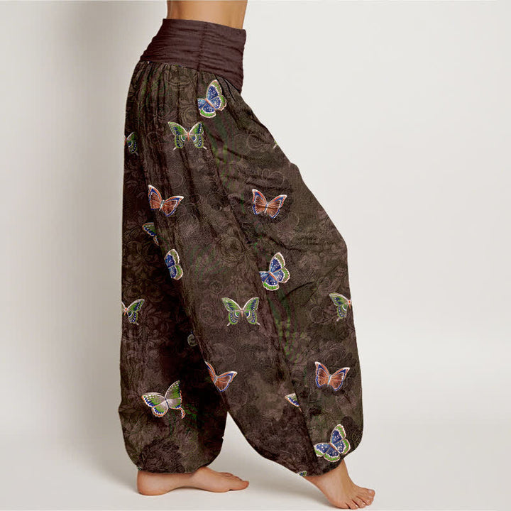 Buddha Stones Pantalones harem de algodón puro con estampado de mariposas y enredaderas para mujer, con cintura elástica. - image 10