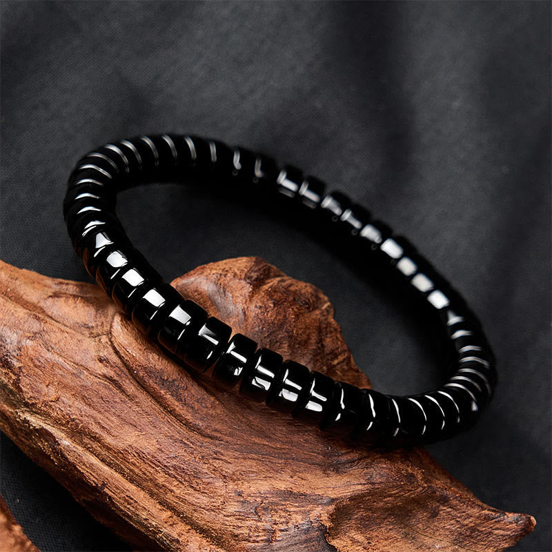 Buddha Stones Pulsera de fuerza con cuentas facetadas de obsidiana negra natural de corte recto - image 1