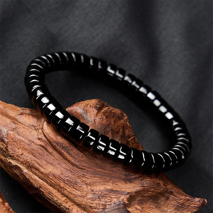 Buddha Stones Pulsera de fuerza con cuentas facetadas de obsidiana negra natural de corte recto - image 1