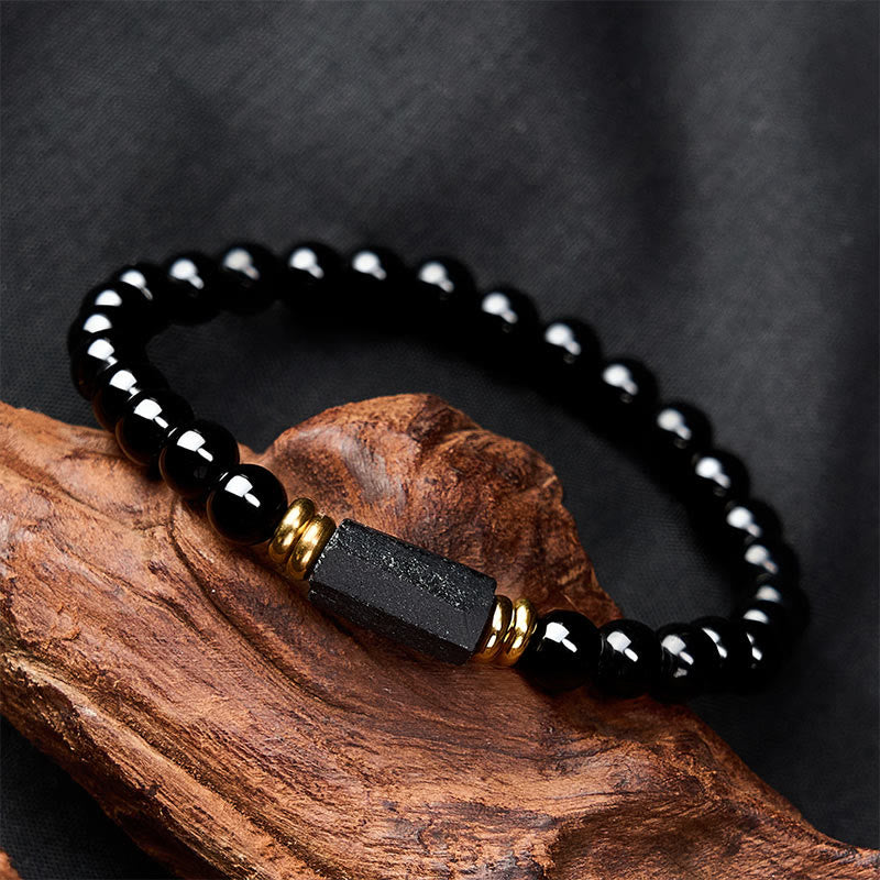 Buddha Stones Pulsera minimalista de cuentas redondas de obsidiana negra y turmalina negra para protección - image 3