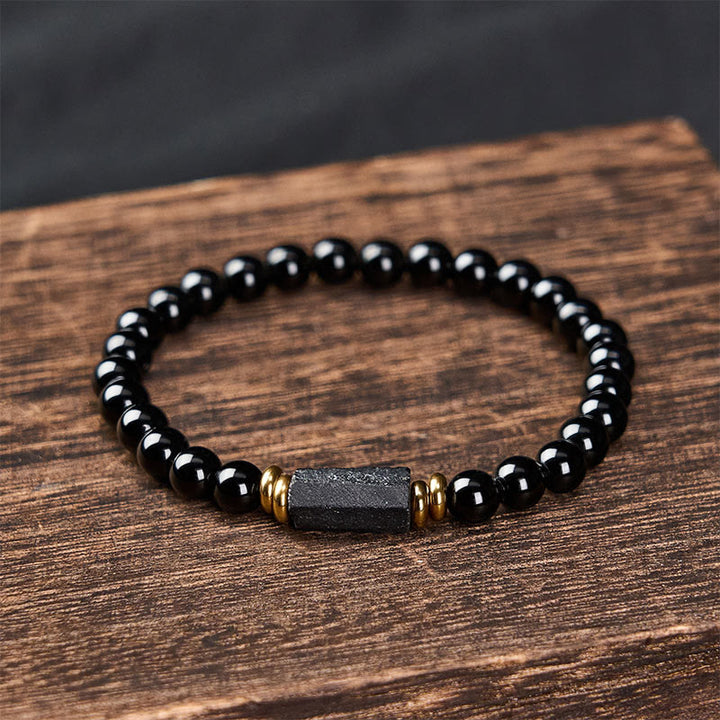 Buddha Stones Pulsera minimalista de cuentas redondas de obsidiana negra y turmalina negra para protección - image 1