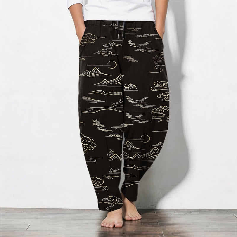 Buddha Stones Pantalones de hombre de algodón puro con estampado de nubes, montañas y olas, con cordón ajustable y bolsillos. - Negro - US/UK/AU50, EU60 (5XL) - image 0