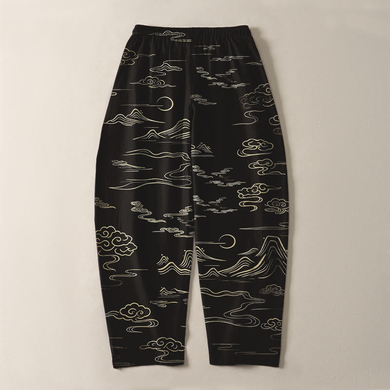 Buddha Stones Pantalones de hombre de algodón puro con estampado de nubes, montañas y olas, con cordón ajustable y bolsillos. - image 3