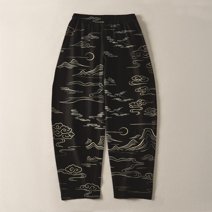 Buddha Stones Pantalones de hombre de algodón puro con estampado de nubes, montañas y olas, con cordón ajustable y bolsillos. - image 3