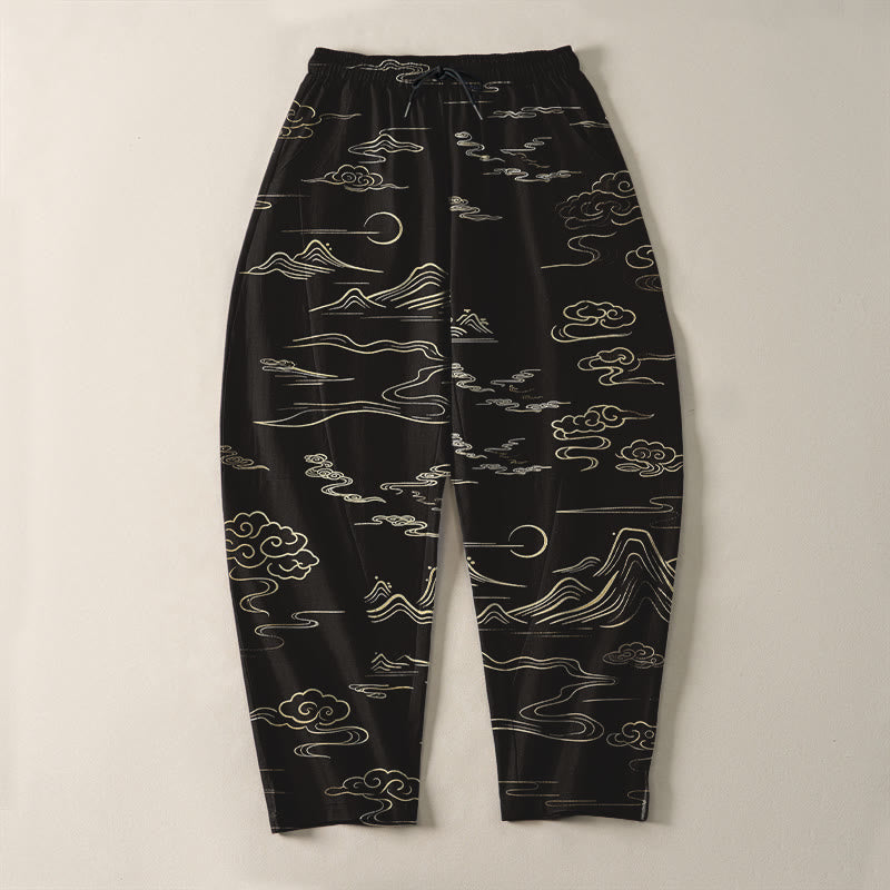 Buddha Stones Pantalones de hombre de algodón puro con estampado de nubes, montañas y olas, con cordón ajustable y bolsillos. - image 2