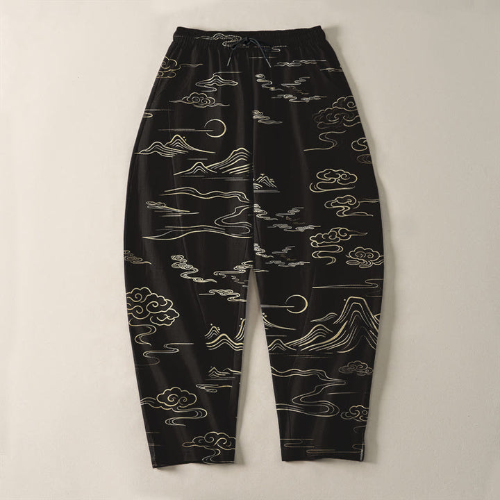 Buddha Stones Pantalones de hombre de algodón puro con estampado de nubes, montañas y olas, con cordón ajustable y bolsillos. - image 2