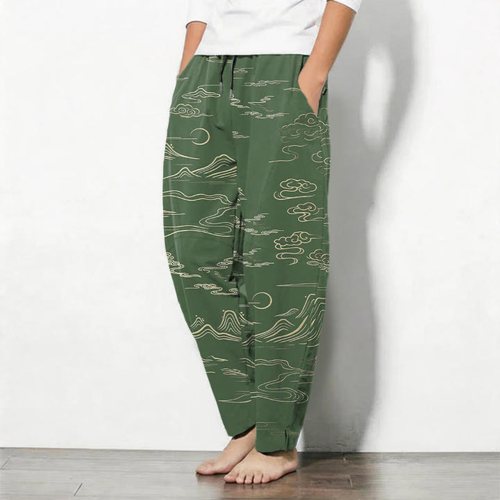 Buddha Stones Pantalones de hombre de algodón puro con estampado de nubes, montañas y olas, con cordón ajustable y bolsillos. - image 8