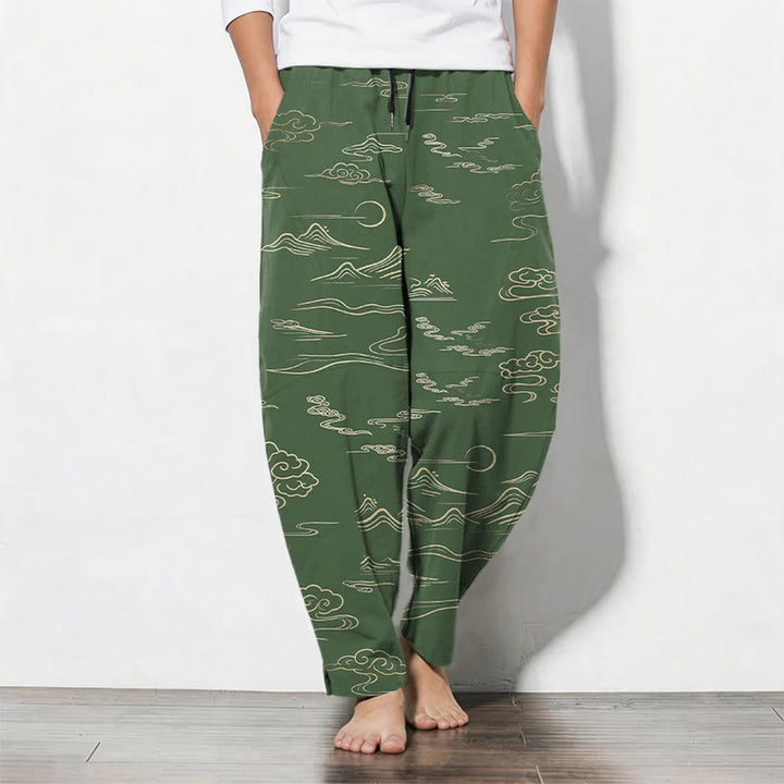 Buddha Stones Pantalones de hombre de algodón puro con estampado de nubes, montañas y olas, con cordón ajustable y bolsillos. - Verde oliva oscuro - US/UK/AU50, EU60 (5XL) - image 7