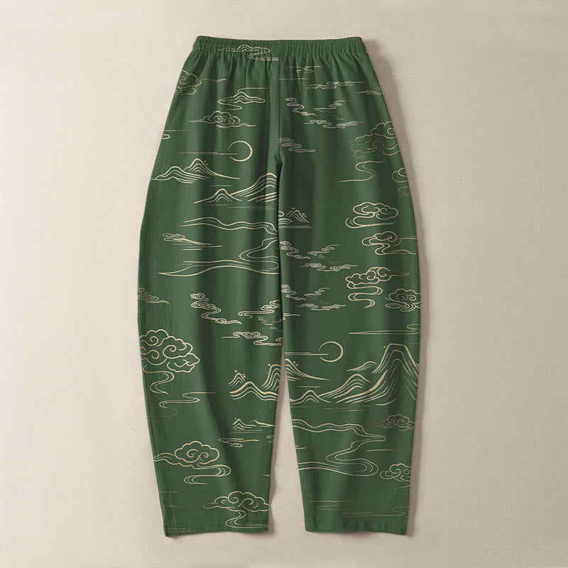 Buddha Stones Pantalones de hombre de algodón puro con estampado de nubes, montañas y olas, con cordón ajustable y bolsillos. - image 10