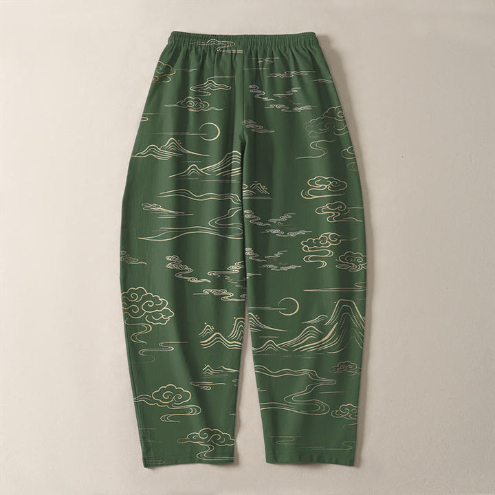 Buddha Stones Pantalones de hombre de algodón puro con estampado de nubes, montañas y olas, con cordón ajustable y bolsillos. - image 10