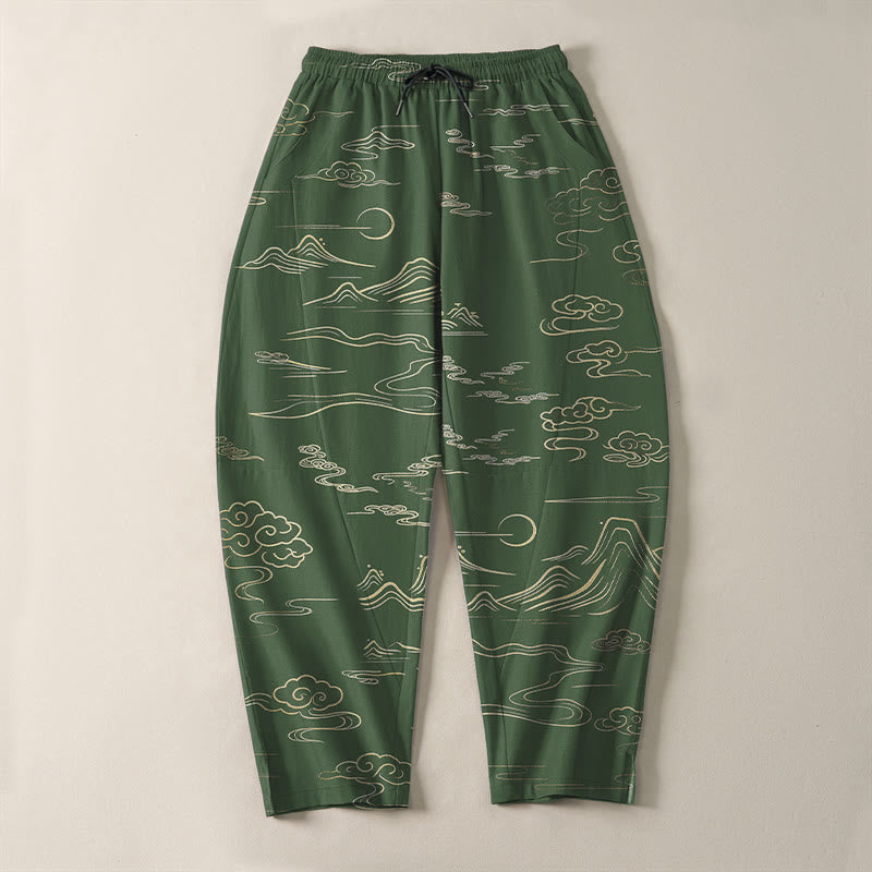 Buddha Stones Pantalones de hombre de algodón puro con estampado de nubes, montañas y olas, con cordón ajustable y bolsillos. - image 9