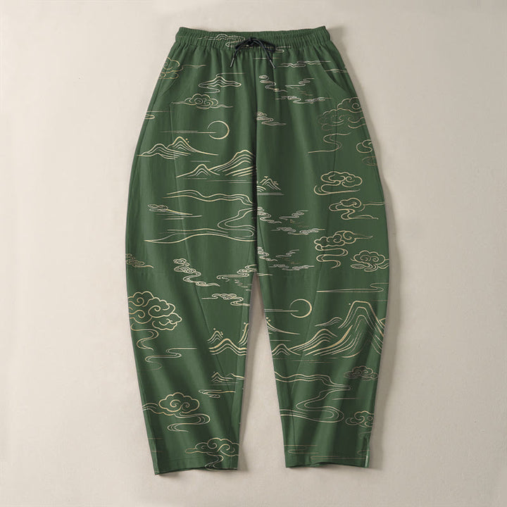 Buddha Stones Pantalones de hombre de algodón puro con estampado de nubes, montañas y olas, con cordón ajustable y bolsillos. - image 9