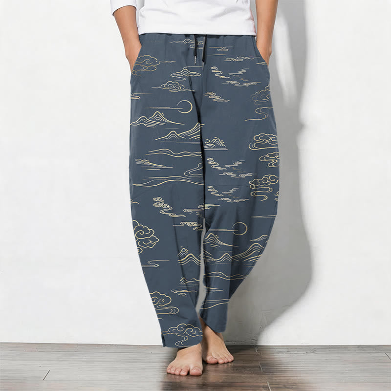 Buddha Stones Pantalones de hombre de algodón puro con estampado de nubes, montañas y olas, con cordón ajustable y bolsillos. - Azul acero - US/UK/AU50, EU60 (5XL) - image 11