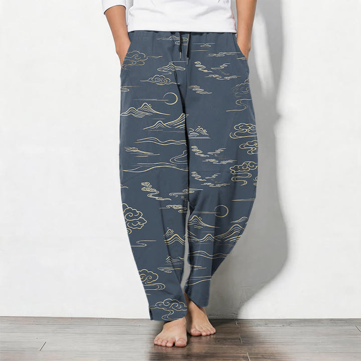 Buddha Stones Pantalones de hombre de algodón puro con estampado de nubes, montañas y olas, con cordón ajustable y bolsillos. - Azul acero - US/UK/AU50, EU60 (5XL) - image 11