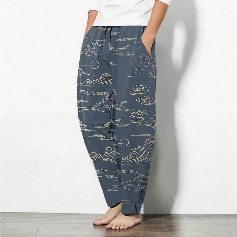 Buddha Stones Pantalones de hombre de algodón puro con estampado de nubes, montañas y olas, con cordón ajustable y bolsillos. - image 12