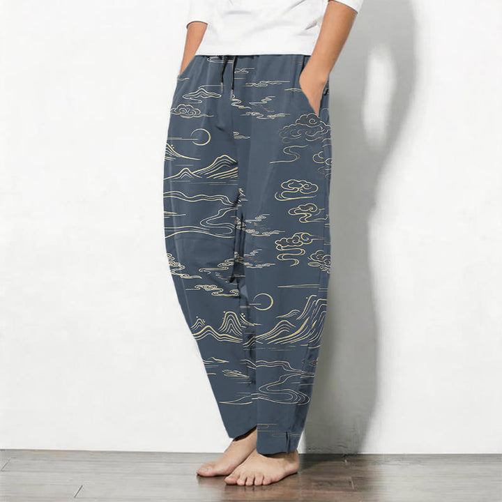 Buddha Stones Pantalones de hombre de algodón puro con estampado de nubes, montañas y olas, con cordón ajustable y bolsillos. - image 12