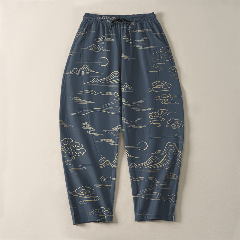 Buddha Stones Pantalones de hombre de algodón puro con estampado de nubes, montañas y olas, con cordón ajustable y bolsillos. - image 13