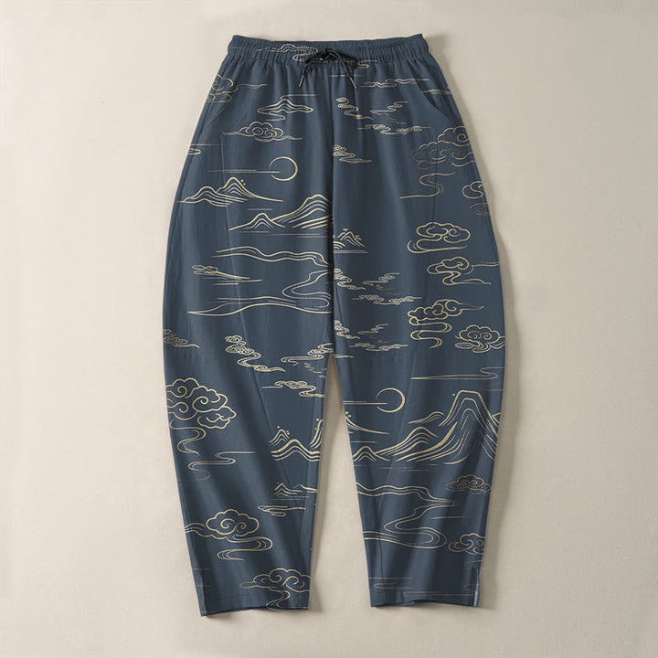 Buddha Stones Pantalones de hombre de algodón puro con estampado de nubes, montañas y olas, con cordón ajustable y bolsillos. - image 13
