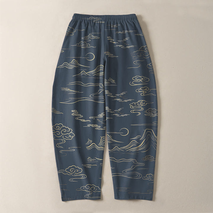 Buddha Stones Pantalones de hombre de algodón puro con estampado de nubes, montañas y olas, con cordón ajustable y bolsillos. - image 14