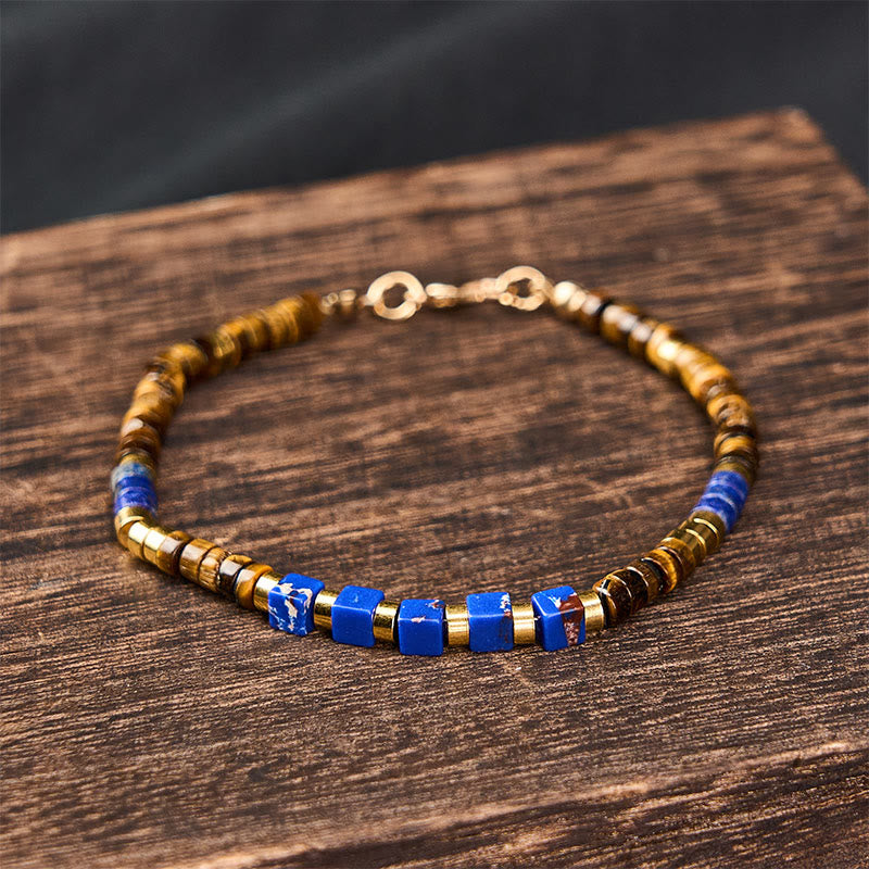 Buddha Stones Pulsera cuadrada de cuentas de lapislázuli y ojo de tigre - image 1