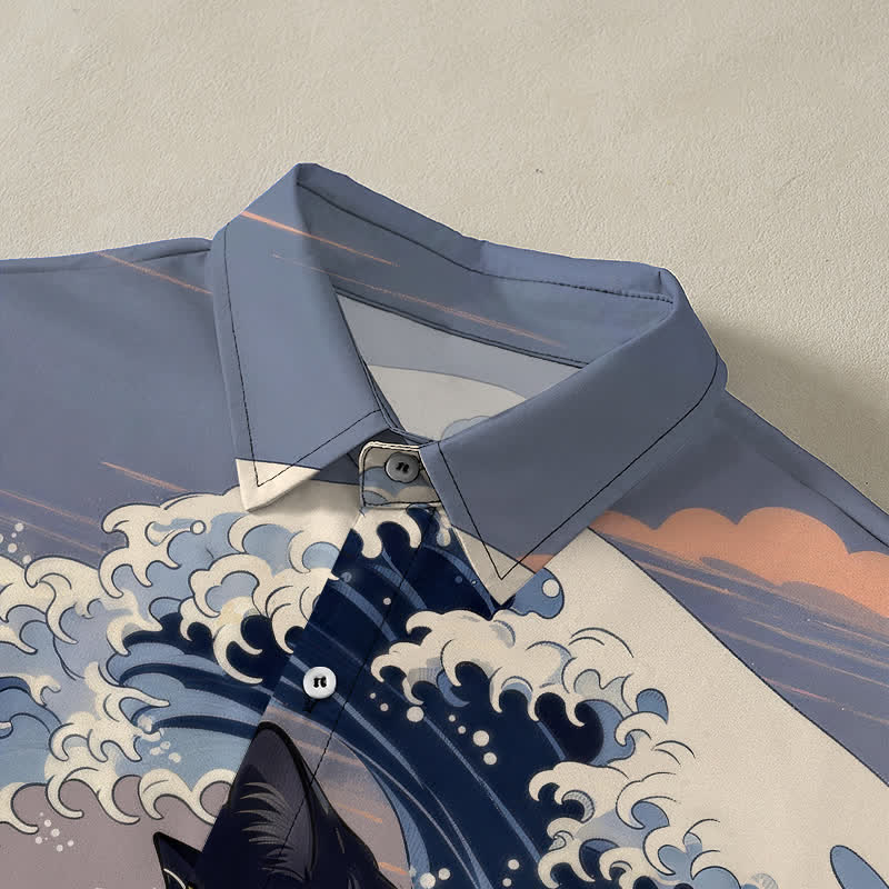 Buddha Stones Camisa transpirable de manga corta para hombre con botones y estampado de gato negro de la Gran Ola - image 2