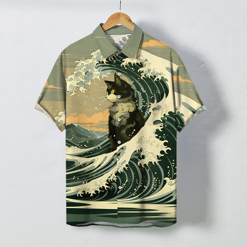 Buddha Stones Camisa transpirable de manga corta para hombre con botones y estampado de gato negro de la Gran Ola - Verde oliva - US/UK/AU48, UE58 (4XL) - image 5