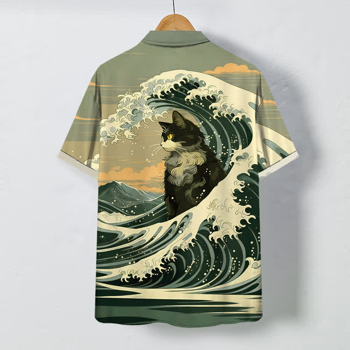 Buddha Stones Camisa transpirable de manga corta para hombre con botones y estampado de gato negro de la Gran Ola - image 6