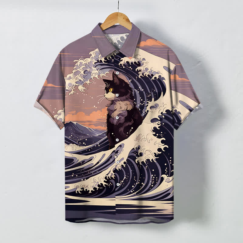 Buddha Stones Camisa transpirable de manga corta para hombre con botones y estampado de gato negro de la Gran Ola - Cardo - US/UK/AU48, UE58 (4XL) - image 7