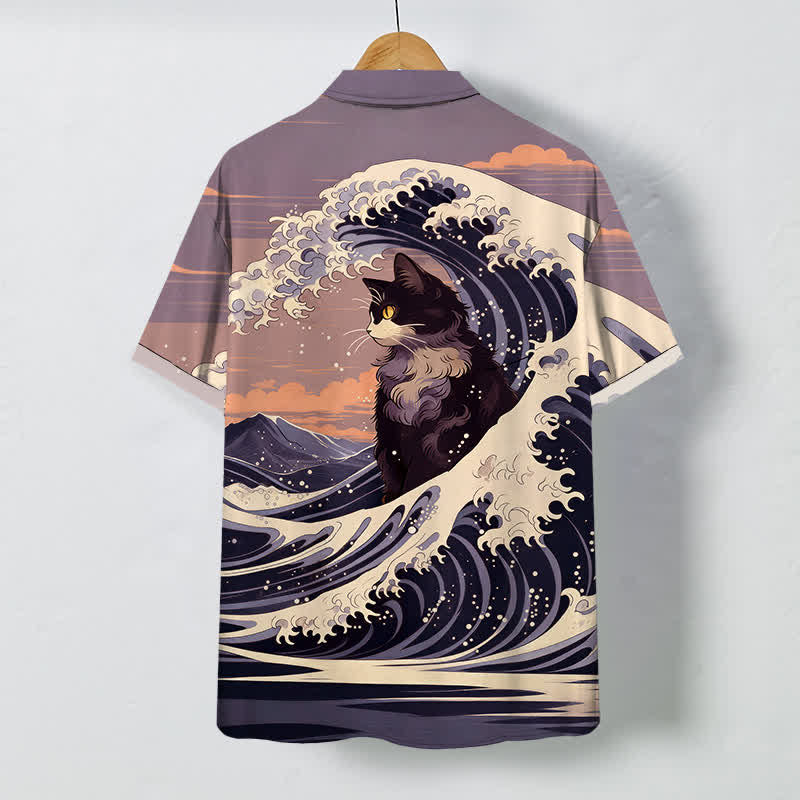 Buddha Stones Camisa transpirable de manga corta para hombre con botones y estampado de gato negro de la Gran Ola - image 8