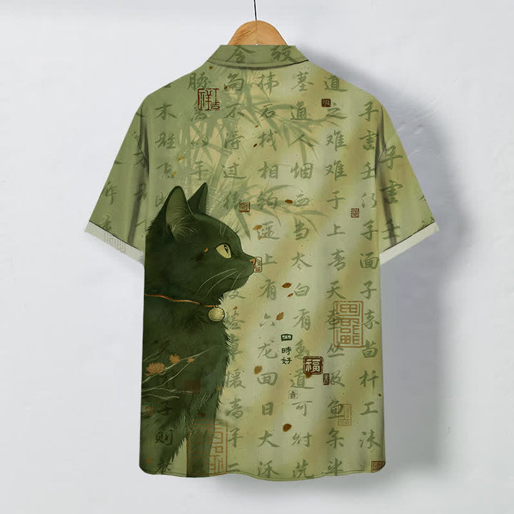 Buddha Stones Camisa transpirable de manga corta para hombre con botones y estampado de sello de caligrafía de gato negro - image 6