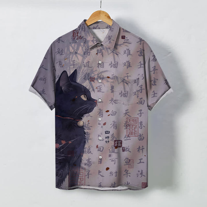 Buddha Stones Camisa transpirable de manga corta para hombre con botones y estampado de sello de caligrafía de gato negro - Cardo - US/UK/AU48, UE58 (4XL) - image 7