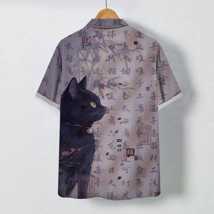 Buddha Stones Camisa transpirable de manga corta para hombre con botones y estampado de sello de caligrafía de gato negro - image 8