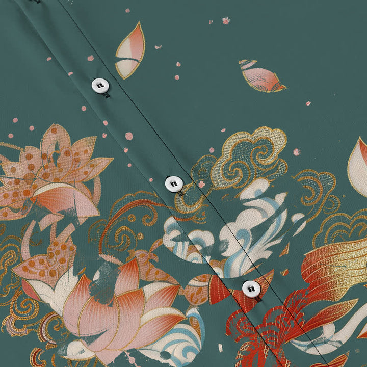 Buddha Stones Camisa transpirable de manga corta para hombre con botones y estampado de olas de nubes y peces koi de loto - image 3