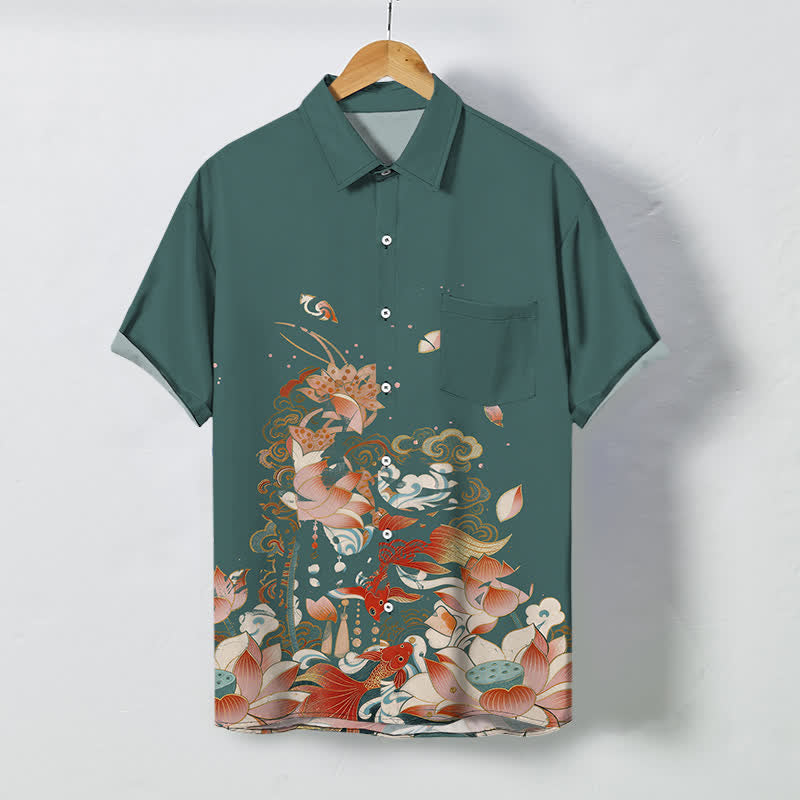 Buddha Stones Camisa transpirable de manga corta para hombre con botones y estampado de olas de nubes y peces koi de loto - Verde azulado - US/UK/AU48, UE58 (4XL) - image 0