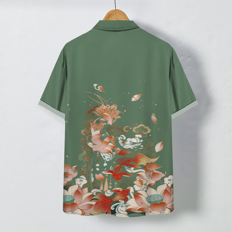 Buddha Stones Camisa transpirable de manga corta para hombre con botones y estampado de olas de nubes y peces koi de loto - image 6