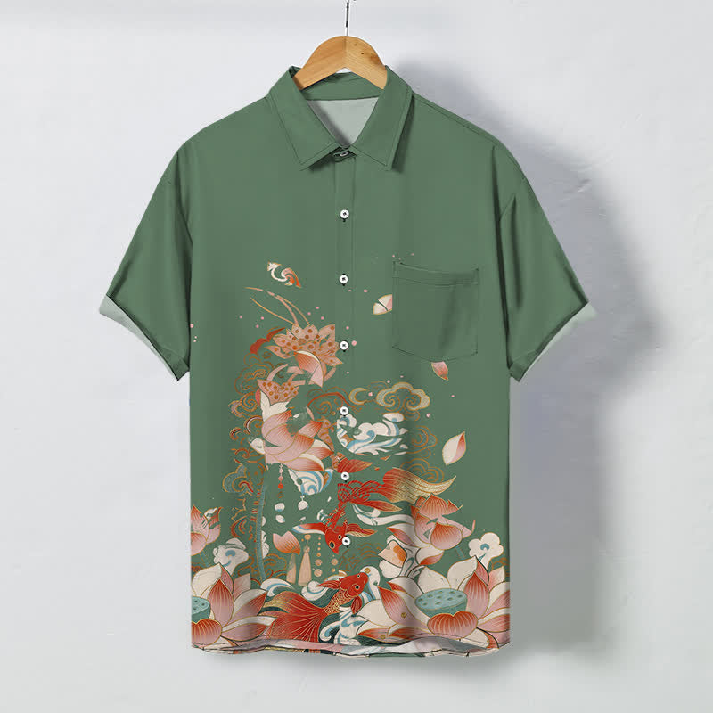 Buddha Stones Camisa transpirable de manga corta para hombre con botones y estampado de olas de nubes y peces koi de loto - Verde mar oscuro - US/UK/AU48, UE58 (4XL) - image 5
