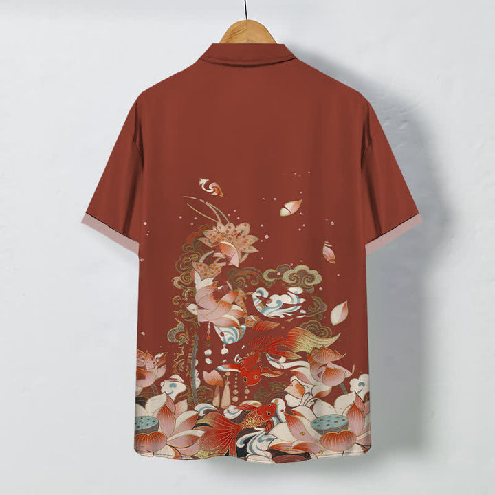 Buddha Stones Camisa transpirable de manga corta para hombre con botones y estampado de olas de nubes y peces koi de loto - image 8