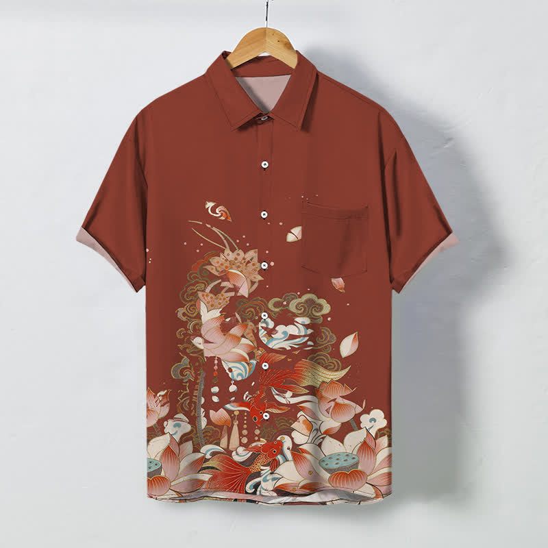 Buddha Stones Camisa transpirable de manga corta para hombre con botones y estampado de olas de nubes y peces koi de loto - Tierra de siena - US/UK/AU48, UE58 (4XL) - image 7