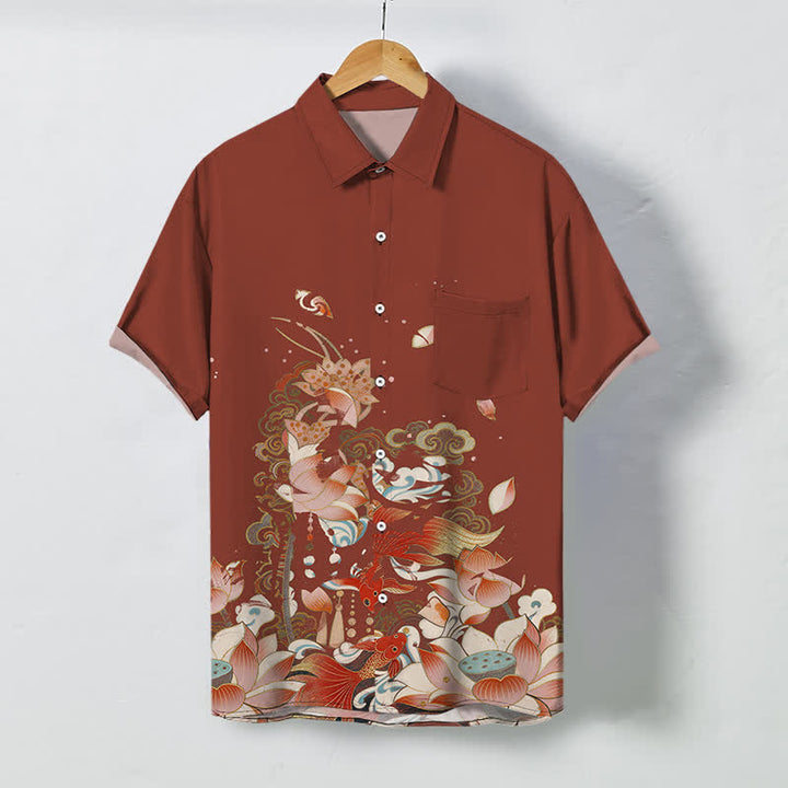 Buddha Stones Camisa transpirable de manga corta para hombre con botones y estampado de olas de nubes y peces koi de loto - Tierra de siena - US/UK/AU48, UE58 (4XL) - image 7