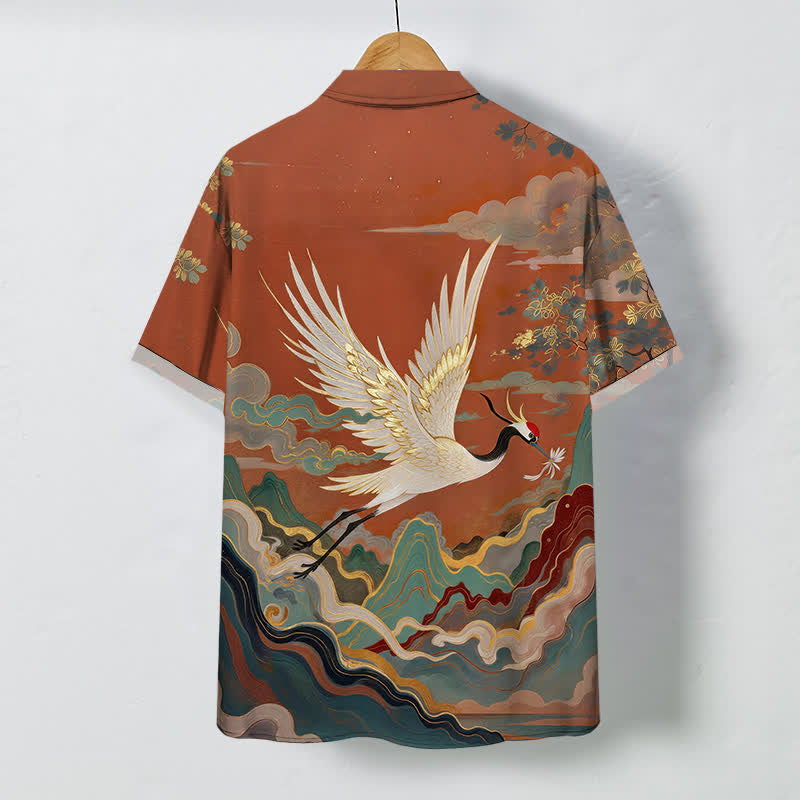 Buddha Stones Camisa de manga corta transpirable para hombre con estampado de grullas voladoras, nubes, olas y flores blancas. - image 1