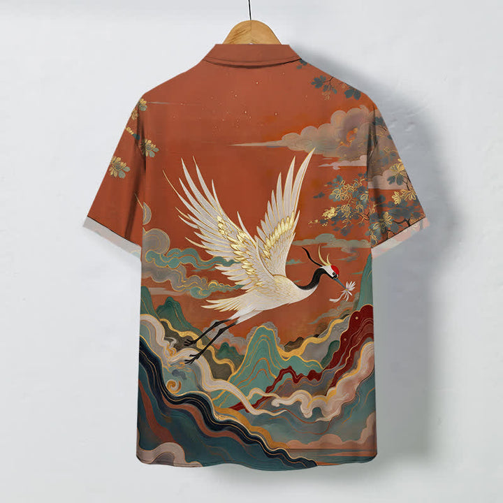 Buddha Stones Camisa de manga corta transpirable para hombre con estampado de grullas voladoras, nubes, olas y flores blancas. - image 1
