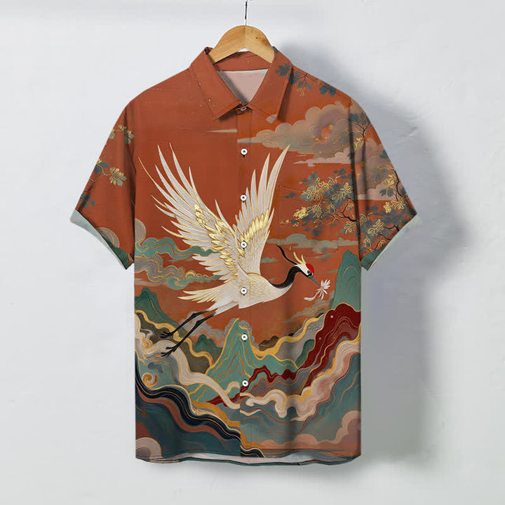 Buddha Stones Camisa de manga corta transpirable para hombre con estampado de grullas voladoras, nubes, olas y flores blancas. - Tierra de siena - US/UK/AU48, UE58 (4XL) - image 0