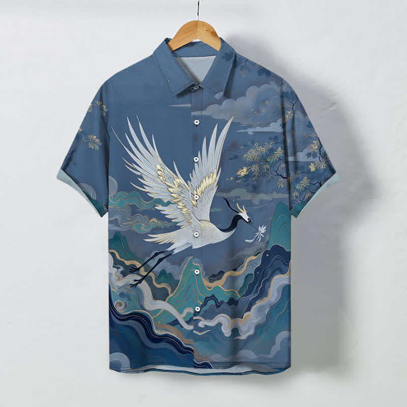 Buddha Stones Camisa de manga corta transpirable para hombre con estampado de grullas voladoras, nubes, olas y flores blancas. - Azul acero - US/UK/AU48, UE58 (4XL) - image 5