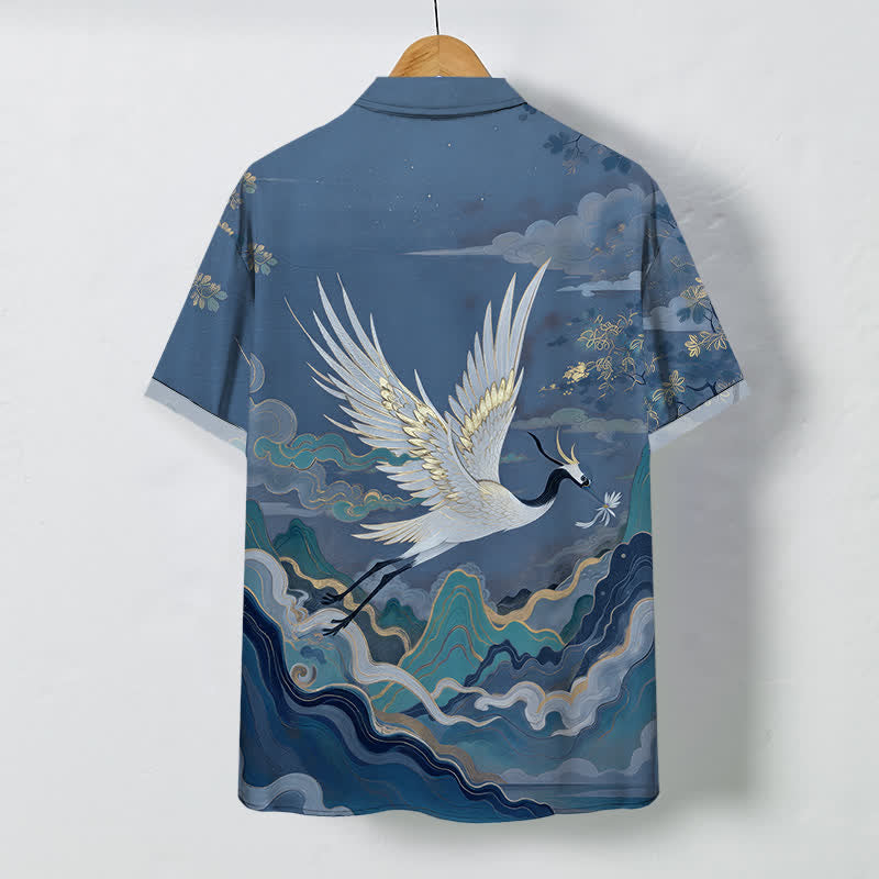 Buddha Stones Camisa de manga corta transpirable para hombre con estampado de grullas voladoras, nubes, olas y flores blancas. - image 6