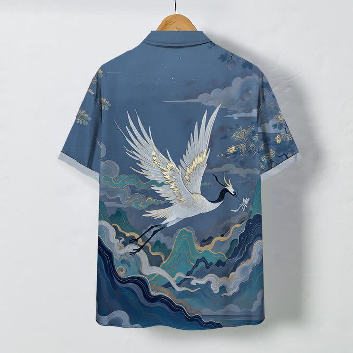 Buddha Stones Camisa de manga corta transpirable para hombre con estampado de grullas voladoras, nubes, olas y flores blancas. - image 6